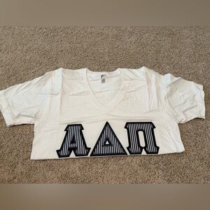 White ADPi V-Neck Women's Tee with Navy Accents